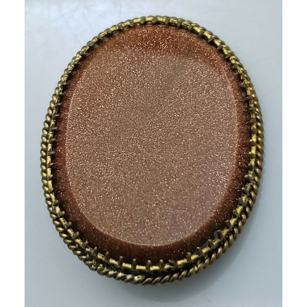 Vintage Goldstone Glass Brooch Pin Cabochon Gold Tone Twisted Rope Border Oval